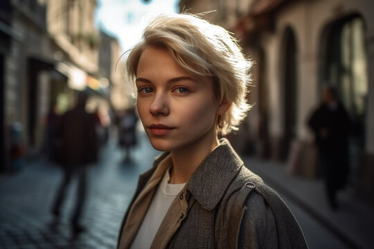 Young Adult Woman Walks Down The Street In A City, Light Jacket, Walking Alone, City Life. Generative AI