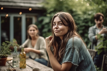 Fototapeta na wymiar young adult woman or teenager outdoors in garden with friends or family, critical or jealous expression on face. Generative AI