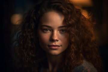 A young woman with a natural, effortless beauty. Her hair is tousled and carefree, and her skin is unadorned, yet still radiates a captivating glow. Generative AI