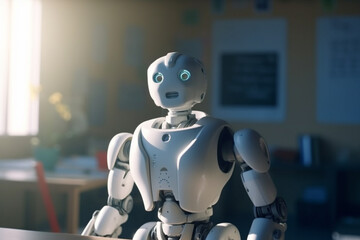 a robot is teacher or student, humanoid android with artificial intelligence. Generative AI