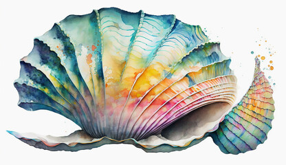 Beautiful hand drawn watercolor of underwater colorful shell. Generative AI
