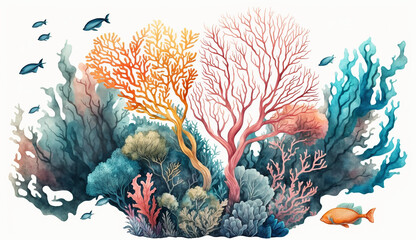 Fototapeta na wymiar Beautiful hand drawn watercolor of underwater coral. Generative AI