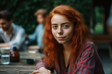 young adult woman outdoors with friends or family in garden, joy and fun. Generative AI