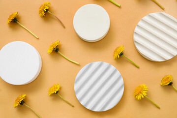 Decorative podiums with dandelion flowers on beige background