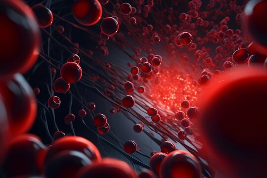 Red blood cells in microscopic shot. Macro of the flow inside body blood vessels that bring oxygen to the heart. scientific medical human health-care and microbiological concept. Generative AI
