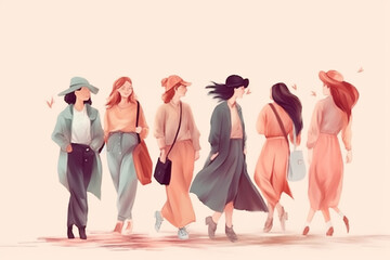 Fototapeta na wymiar Happy women group or International Women’s day, watercolor style. Generative AI