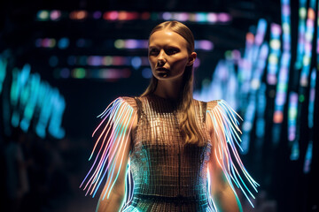 Fototapeta na wymiar model walks down the runway wearing futuristic fringe dress and neon lights, futuristic chromatic waves, strong contrast, layered mesh, iridescent rainbow core, kinetic curves. Generative AI
