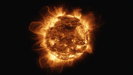 a big sun surface with solar flares and copy space on black background, global warming concept.