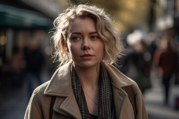 Fototapeta premium young adult woman walks down the street in a city, thick light jacket, walking alone, city life. Generative AI