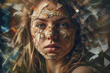 abstract illustration of a young adult woman or teenager, female face with creative scraps. Generative AI