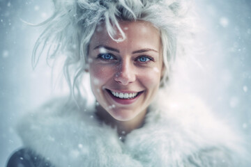 beautiful ghostly-white woman with emotive eyes and icicle snowy hair wearing white shiny outfit smiling with joy on a blue ice glacier during a whiteout-snowstorm snowflakes. Generative AI