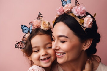Obraz premium mother and daughter in front of pink background with butterflies. Generative AI