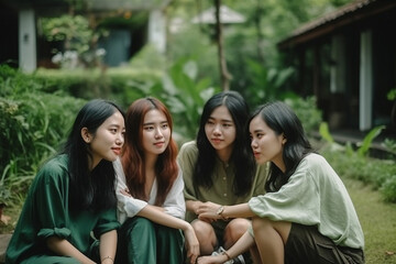 friends outdoor in garden at a home while leisure time, asian girls. Generative AI