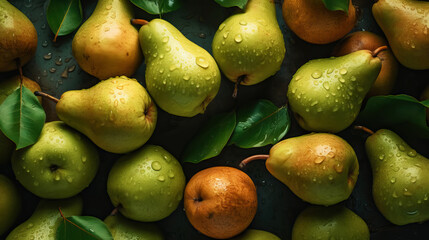 Fresh ripe pears with water drops background. Fruits backdrop. Generative AI