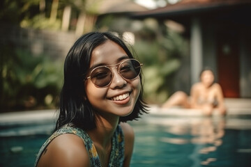 happy young woman enjoys the day at villa with swimming pool. Generative AI