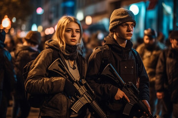 Fototapeta premium armed young adult people or adolescent girls and boys, on the street in a city, protesting and demonstrating violently or rioting and looting. Generative AI