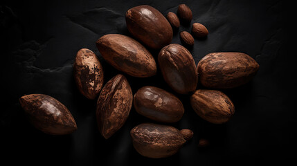 Dried Kola Nuts on dark background. Food backdrop. Generative AI