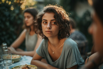 young adult woman or teenager outdoors in garden with friends or family, critical or jealous expression on face. Generative AI - obrazy, fototapety, plakaty