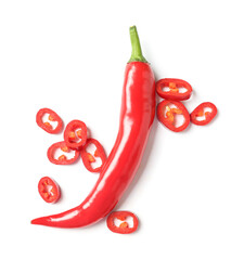 Sliced fresh chili pepper on white background