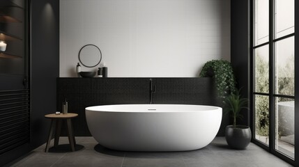 Black and white minimalist bathroom with a freestanding tub generative ai
