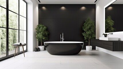 Black and white minimalist bathroom with a freestanding tub, generative ai