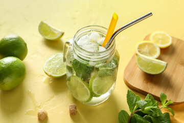 Mason jar of tasty mojito on yellow background