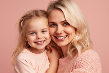 young adult woman is mother, little child girl, cute and sweet family, portrait closeup. Generative AI