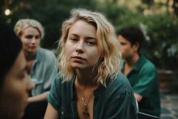Fototapeta premium young adult woman or teenager outdoors in garden with friends or family, critical or jealous expression on face. Generative AI
