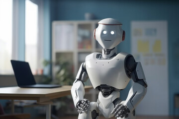 a robot is teacher or student, humanoid android with artificial intelligence. Generative AI