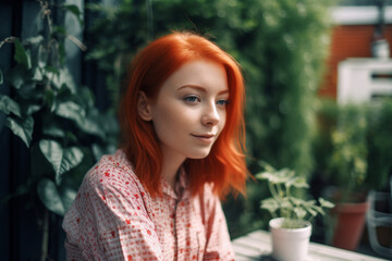 Fototapeta premium young adult woman outdoors with friends or family in garden, joy and fun. Generative AI