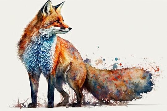 Generative AI. Red fox forest animal. Watercolor illustration. Wild cute hunting fox. Wildlife furry animal with red fur and black paws
