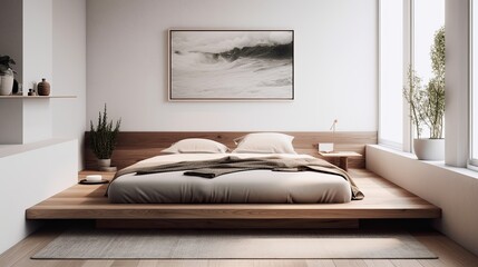 Minimalist bedroom with a low-profile platform bed and minimalist art, generative ai