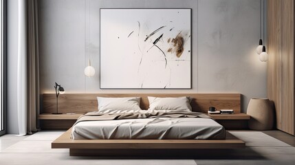 Minimalist bedroom with a low-profile platform bed and minimalist art, generative ai