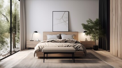 Minimalist bedroom with a minimalist design and neutral color palette. generative ai