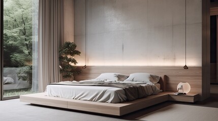 Minimalist bedroom with a platform bed and neutral color palette, generative ai