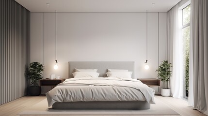 Minimalist bedroom with a simple design and soft lighting, generative ai