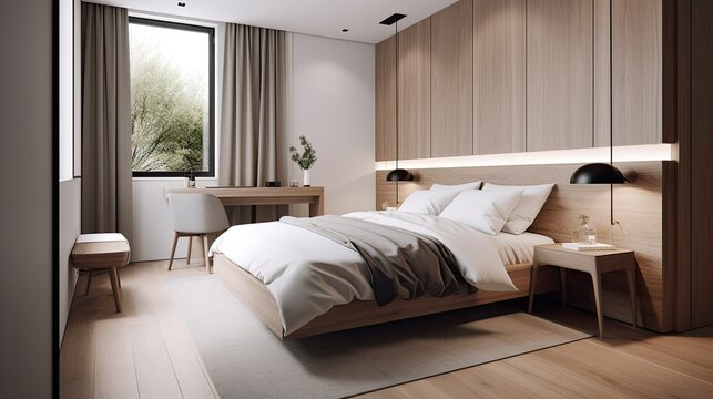 Minimalist bedroom with a clean design and minimalist decor. generative ai