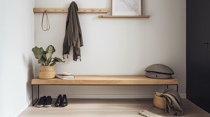 Minimalist entryway with a bench and minimal coat storage, generative ai