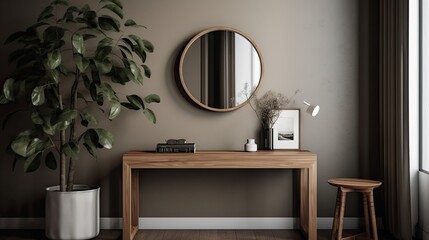 Minimalist entryway with a simple console table and mirror, generative ai