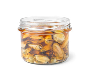 Marinated mussels in jar on white background