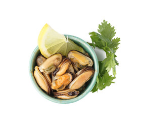 Marinated mussels with lemon slice in bowl and parsley on white background