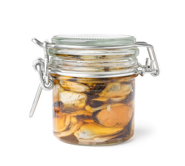 Marinated mussels in jar on white background