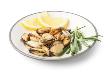 Marinated mussels with lemon slices and rosemary on white background