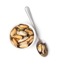 Marinated mussels in bowl with spoon on white background