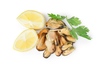 Pickled mussels with lemon and parsley on white background