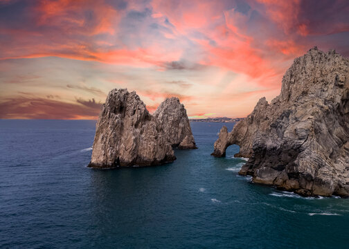 Drone view of the arch in Cabo, BCS, Mexico