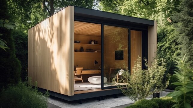 Minimalist garden shed with a clean design and functional layout, generative ai