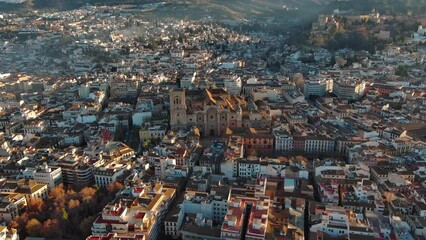 Aerial view of Granada Cathedral at sunrise, a Roman Catholic church in the city of Granada, Andalusia, Spain. Baroque architecture