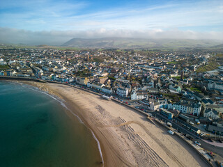 aerial view of beach and town of Peel, Isle of Man
