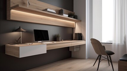 Minimalist home office with a floating desk and organized storage, generative ai